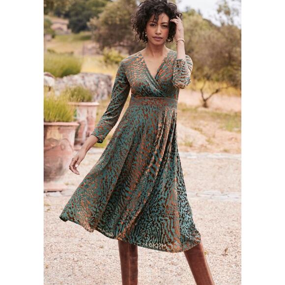 Soft Surroundings Shae Dress Velvet Burnout Animal Print Midi Large Petite - Picture 3 of 16